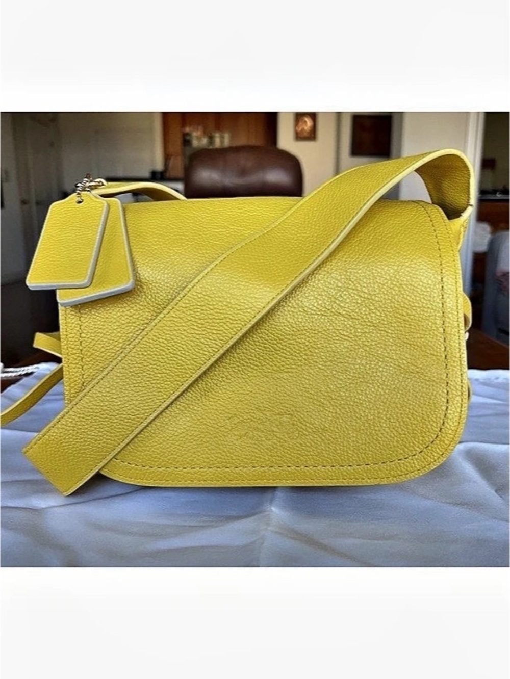 Coach Yellow Pebbled Leather Dakota Saddle Crossbody Whipstitch Purse+Dustbag